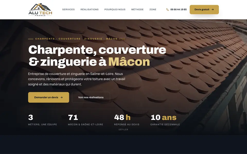 Le site d’ALU TECH FRANCE, charpente, couverture et zinguerie, Mâcon, réalisé par Odratta